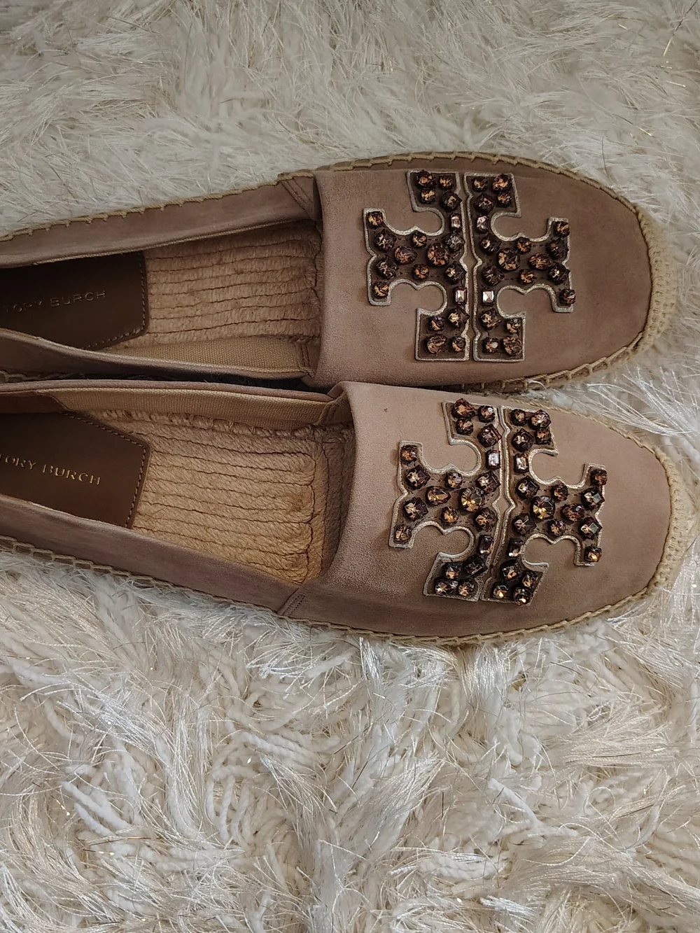 Tory Burch Beige Suede Espadrille Slip-Ons with Embellished Logo New never Worn